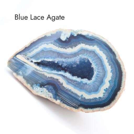 blue lace agate stone geode with white background