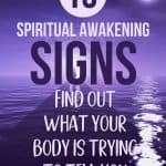 Pinterest pin for spiritual awakening signs featuring purple night sky with full moon and water reflection. Text reads "15 Spiritual Awakening Signs: Find Out What Your Body Is Trying To Tell You" with manifesteveryday.com at the bottom, illustrating the connection between physical sensations and consciousness expansion.