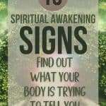 Pinterest pin about spiritual awakening signs with green starry background and nature pathway. Text reads "15 Spiritual Awakening Signs: Find Out What Your Body Is Trying To Tell You" with manifesteveryday.com at the bottom, symbolizing the journey of awakening consciousness through natural awareness.