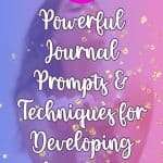 Dreamy purple and blue gradient background with gold glitter accents featuring "9 Powerful Journal Prompts & Techniques for Developing Intuition" in white script text manifesteveryday.com