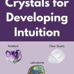 Purple informational graphic showing 5 crystals for developing intuition including Amethyst, Clear Quartz, Labradorite, Moonstone and Lapis Lazuli with their images manifesteveryday.com