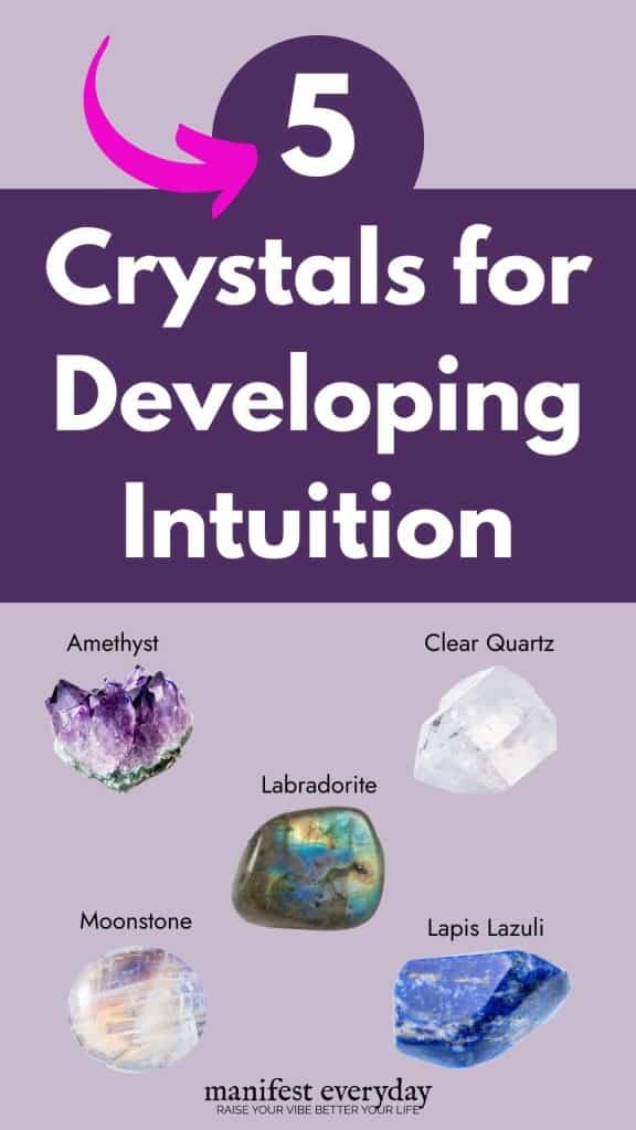 Purple informational graphic showing 5 crystals for developing intuition including Amethyst, Clear Quartz, Labradorite, Moonstone and Lapis Lazuli with their images manifesteveryday.com