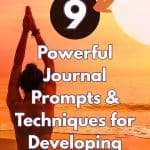 Woman with raised hands in yoga pose at sunset beach with orange sky and sun with text overlay "9 Powerful Journal Prompts & Techniques for Developing Intuition" manifesteveryday.com