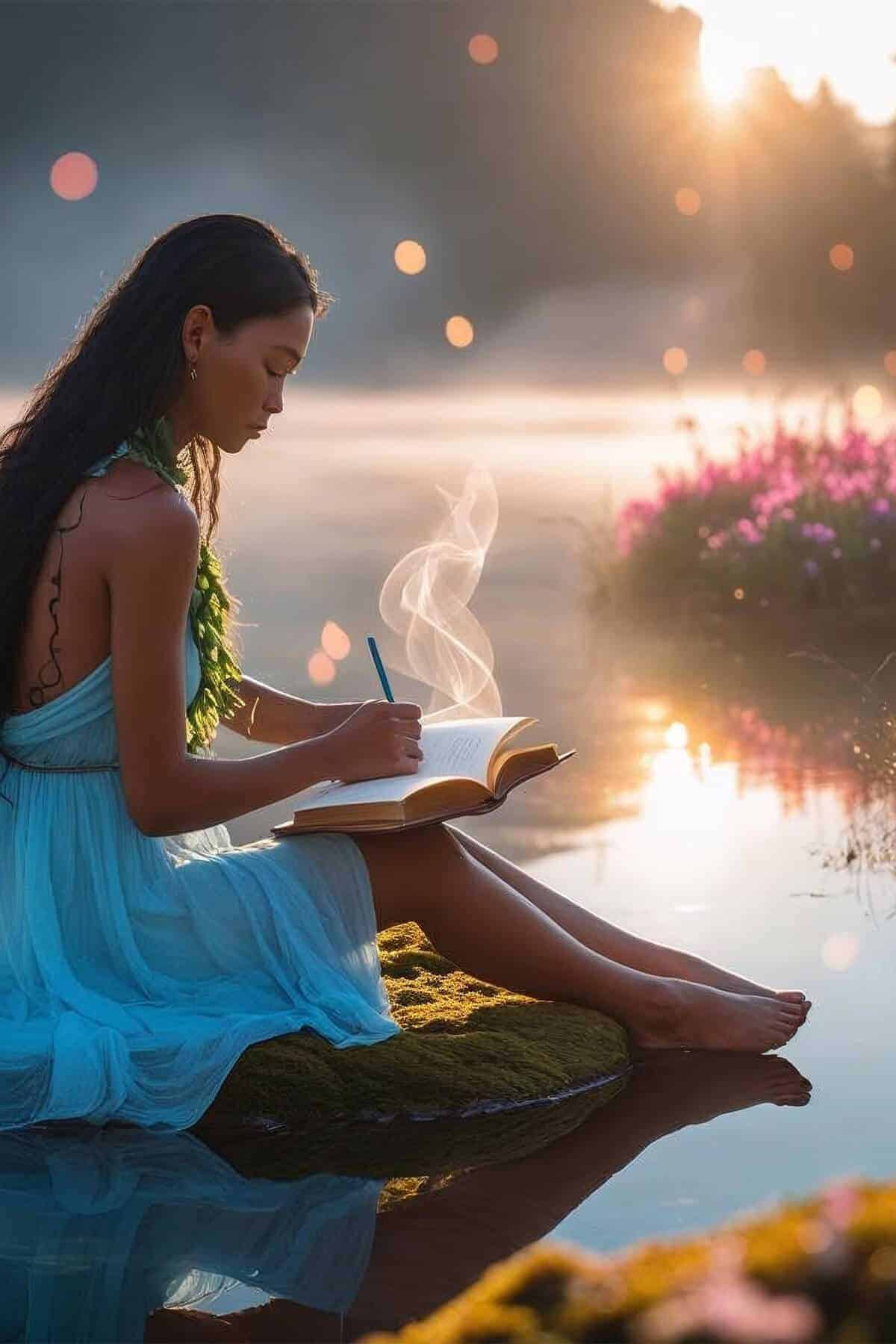 Woman writing higher self journal prompts by peaceful lake at sunset for spiritual connection