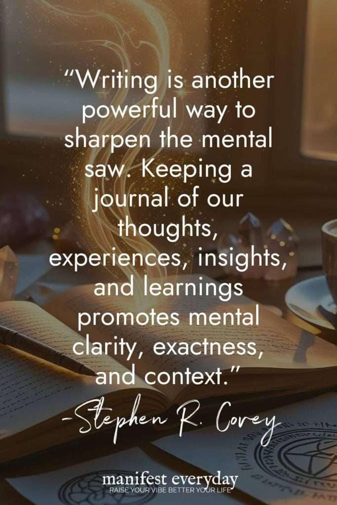Journal and pen for higher self journaling practice with spiritual symbols and candlelight