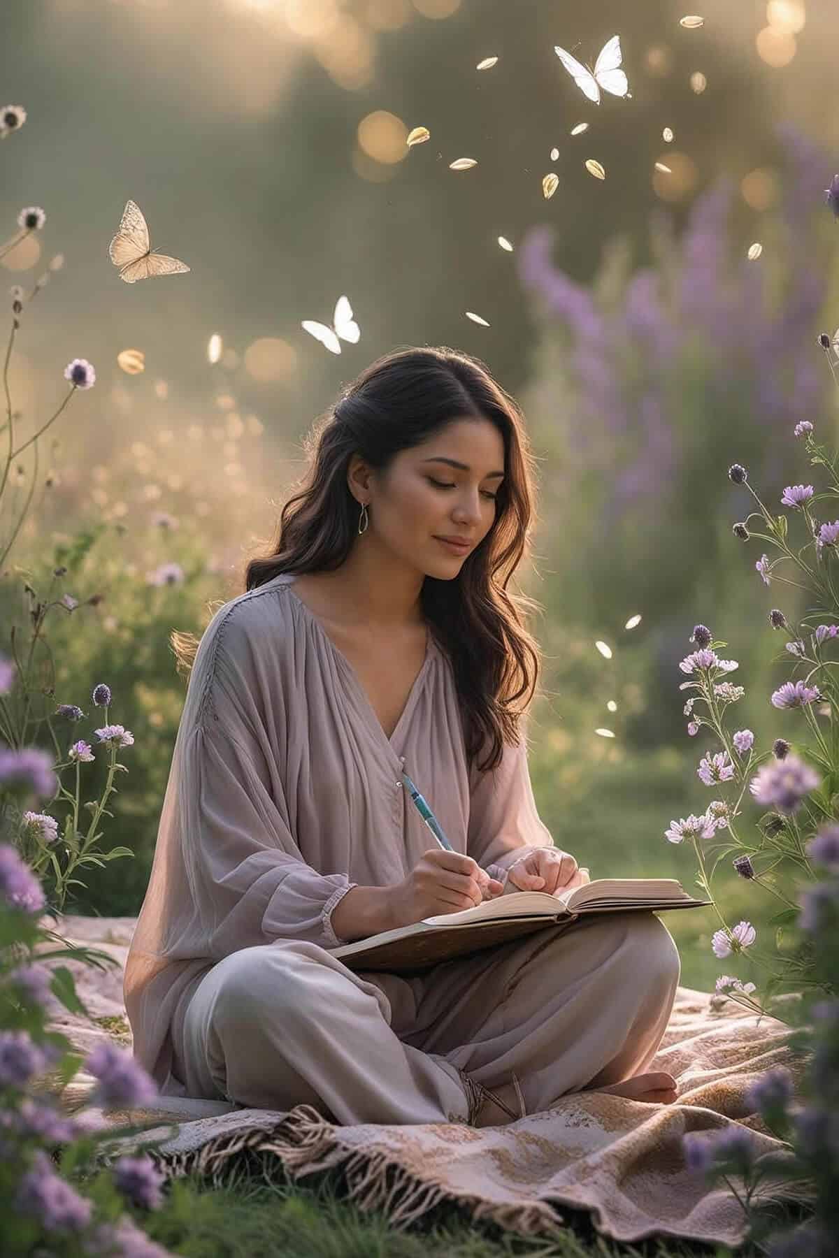 Woman writing 365 journal prompts for mental health in peaceful garden setting with purple flowers