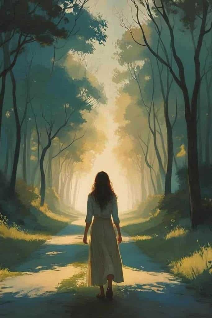 A painting of a woman walking down a path in the woods.