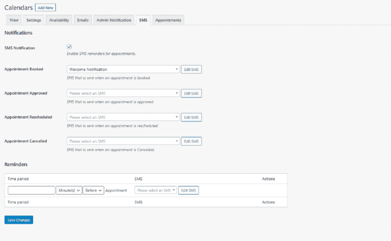 SMS notification management interface for appointment reminders on Marketing By Rob website.