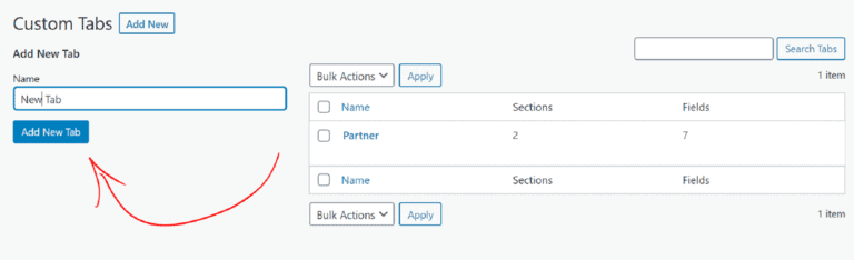 Custom tabs interface for WordPress website, managing multiple tabs, easy addition of new tabs, designed for enhancing website navigation and user engagement, suitable for marketing and business sites.