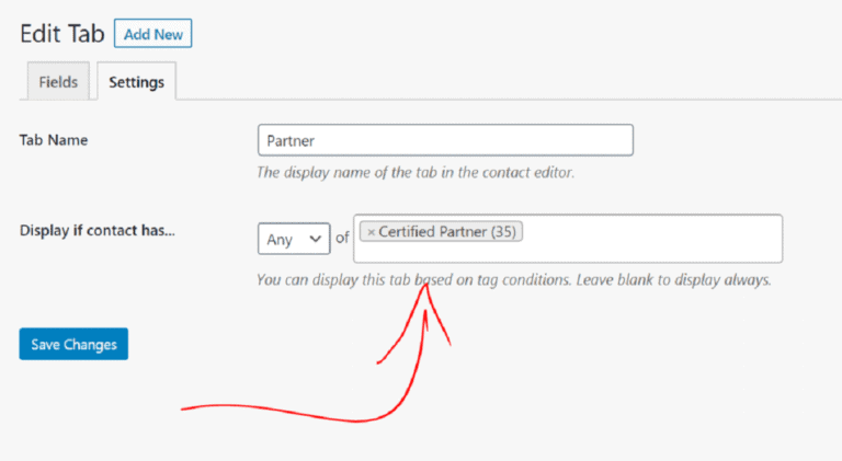 Partner contact management tab in email marketing platform, showing tag conditions for displaying contact information based on certification status.