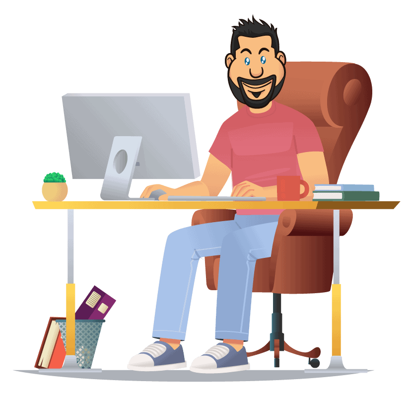 Optimized digital marketing professional working at his desk with computer and marketing tools for effective online marketing strategies.