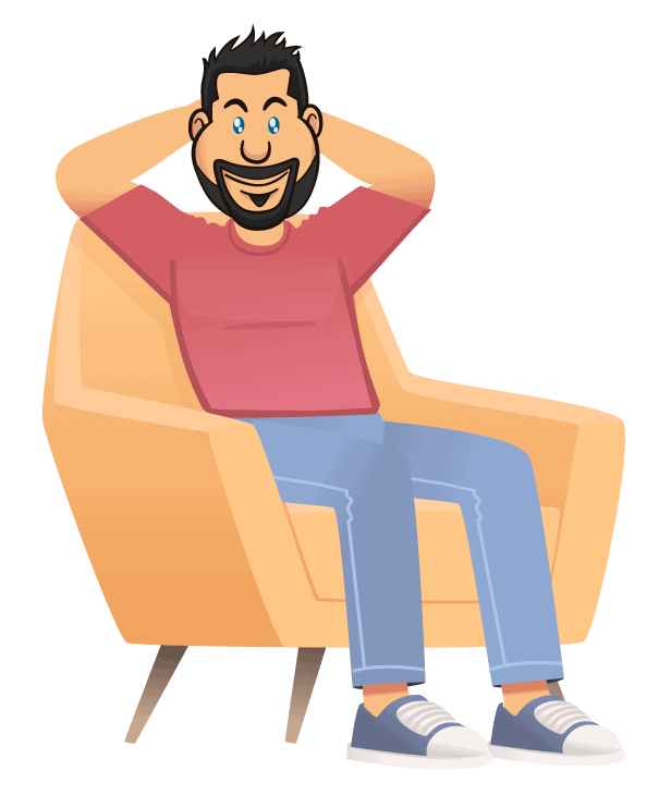 Relaxed businessman sitting on a modern armchair, smiling and enjoying a moment of leisure, representing stress-free workspace and successful marketing strategies.