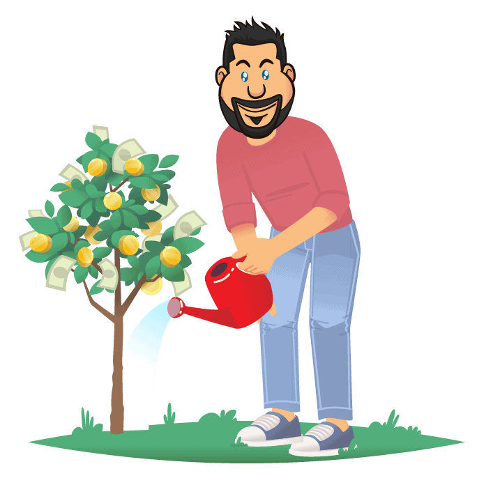 Watering a money tree with a red watering can, financial growth, investment, wealth, prosperity, online marketing, business success, money management, entrepreneurship, financial planning.