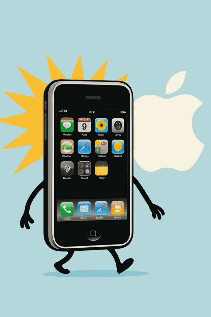A cartoon iPhone with arms and legs walks confidently in front of the Apple logo, with a bright yellow burst behind it against a light blue background.