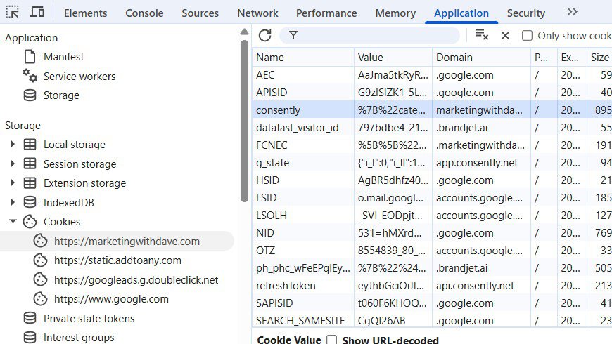 Screenshot of Chrome DevTools interface showing network activity and performance metrics for "Marketing with Dave" website, related to marketing and SEO insights.