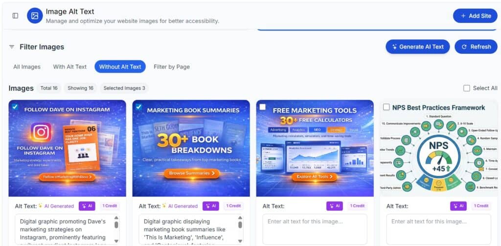 Digital graphic promoting Dave's marketing strategies with icons of books, calculators, and NPS framework, emphasizing marketing tools, book summaries, and customer satisfaction metrics.