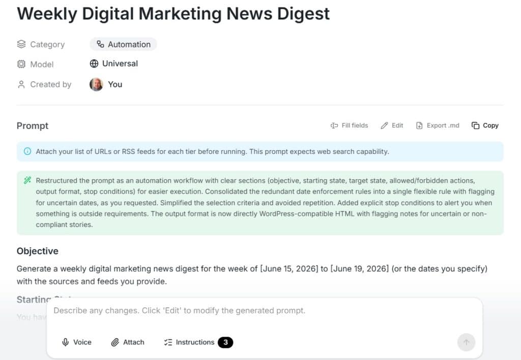 Weekly digital marketing news digest with categories, models, and creator info, featuring a prompt for RSS feeds and workflow details for SEO optimization.