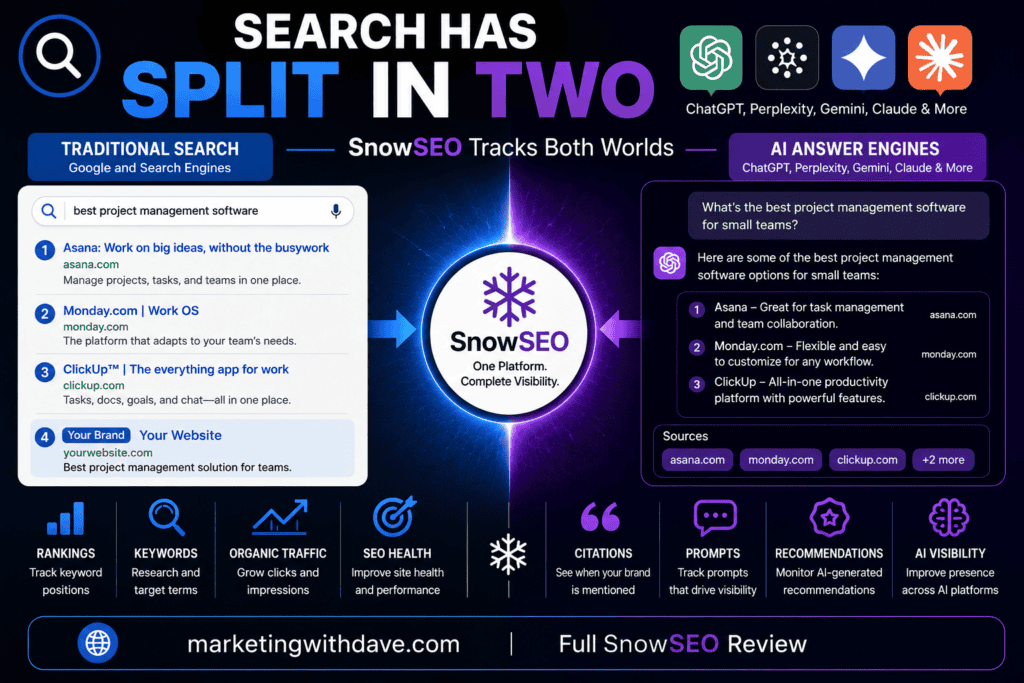 SnowSEO platform interface showcasing SEO and AI tools for search visibility, with features like keyword research, project management, and AI-driven insights, emphasizing SEO and AI integration.