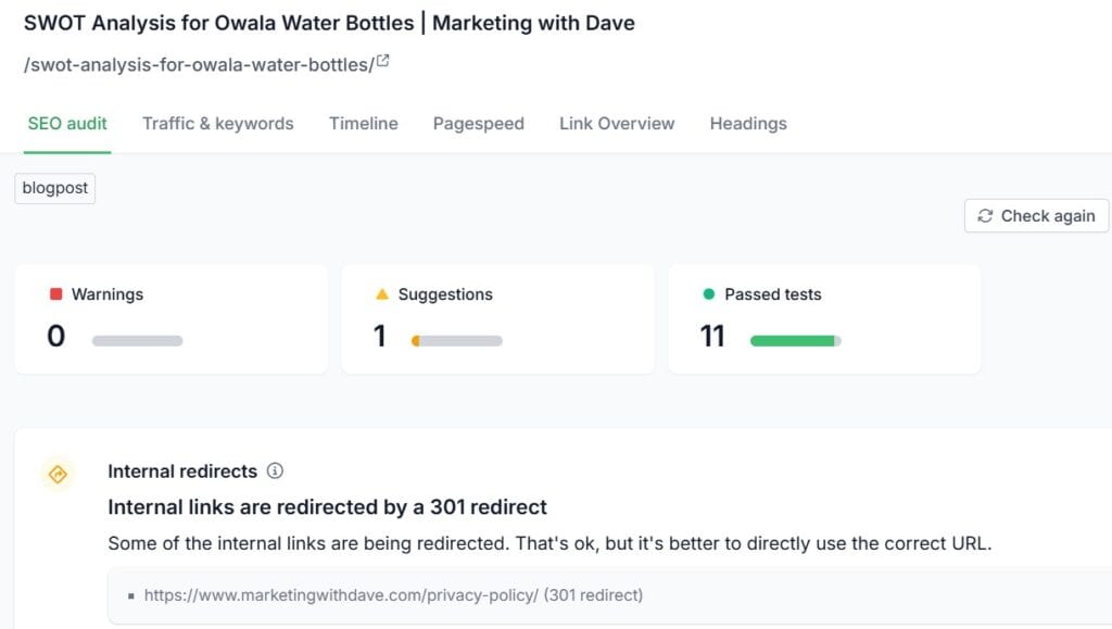 SWOT analysis screenshot for Owala Water Bottles showing warnings, suggestions, and passed tests from SEO audit on marketingwithdave.com.