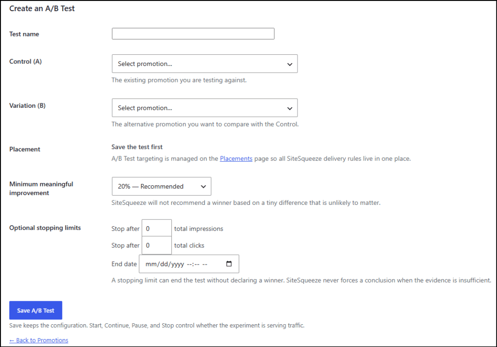 Screenshot of an A/B testing setup page on Marketing with Dave website, showing options for test name, control and variation promotions, placement, and stopping limits.
