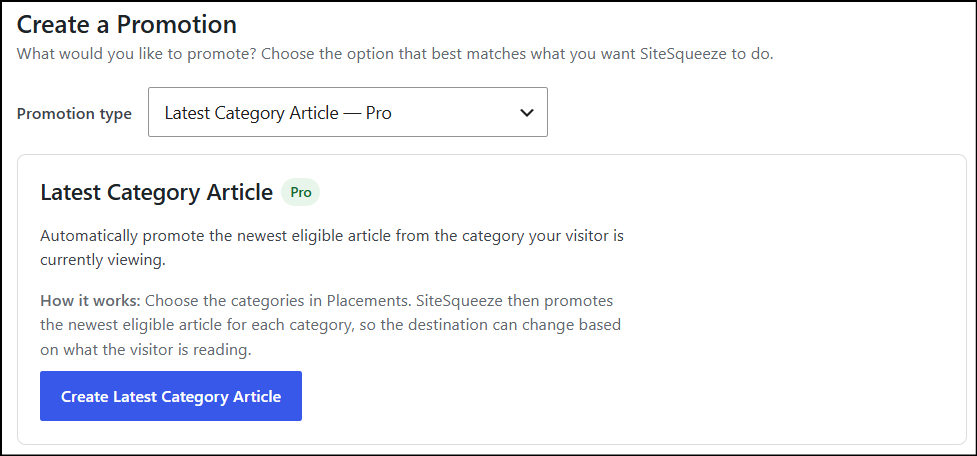 Screenshot of a website interface showing options to create and promote a latest category article for SEO and marketing strategies.