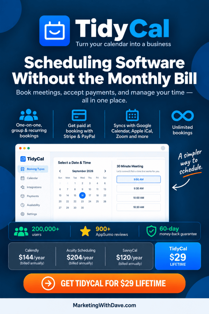 TidyCal scheduling software interface showing calendar, booking options, and features like unlimited bookings and integrations, promoting easy calendar management.