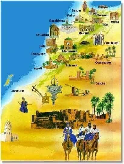 Mapa ilustrado de Marruecos con ciudades y sitios culturales destacados.