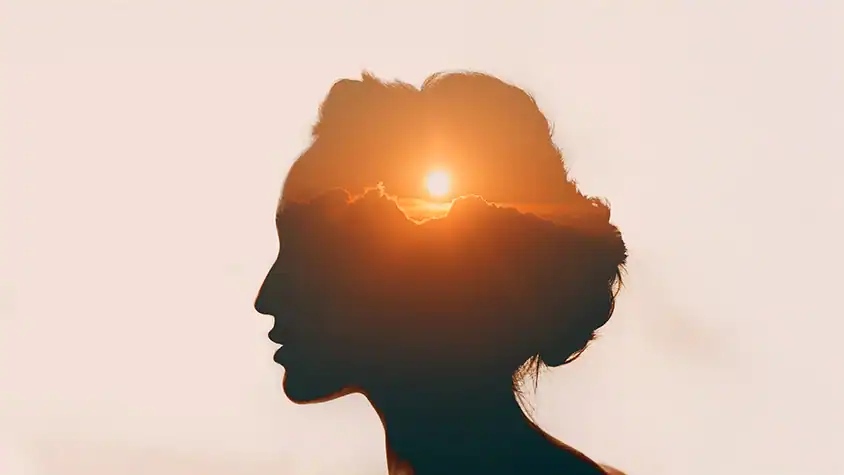Silhouette with sunset and clouds inside.