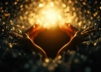 Hands reaching towards bright glowing light with bokeh.