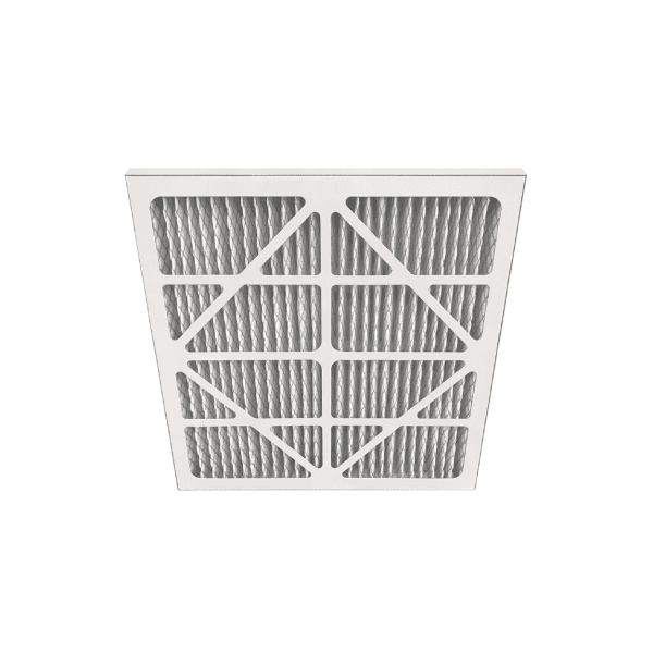 High-efficiency air filter with white frame and pleated filter media designed for improved indoor air quality and HVAC systems.