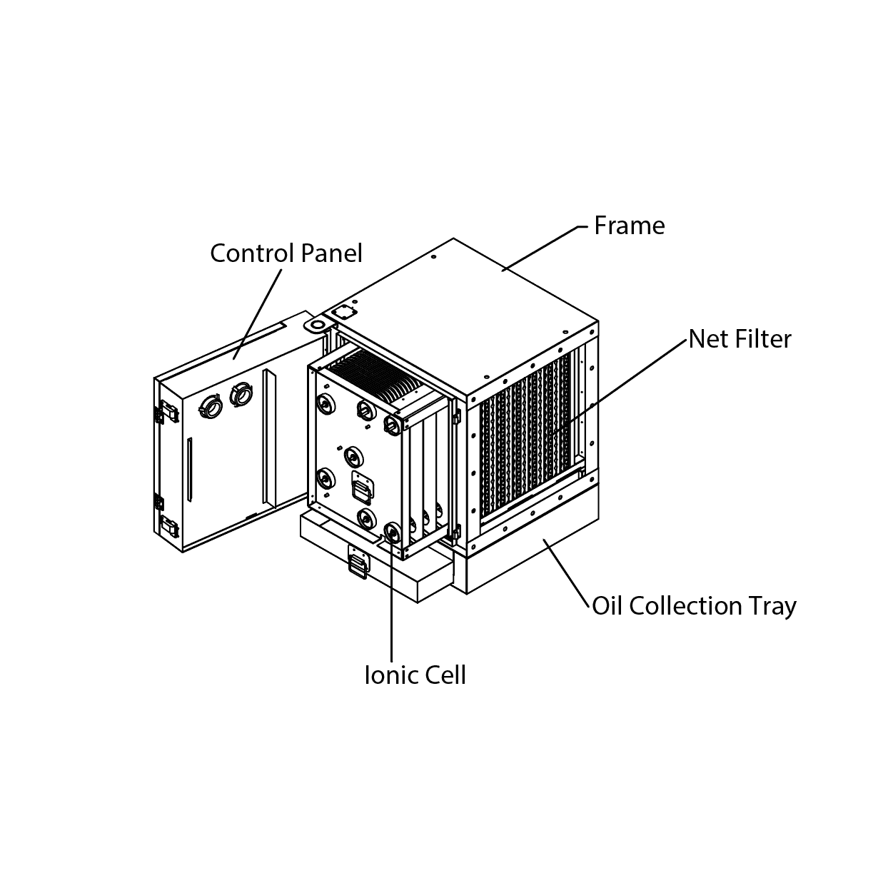 High-quality industrial air purifier with net filter, oil collection tray, control panel, and ionic cell for clean air solutions.