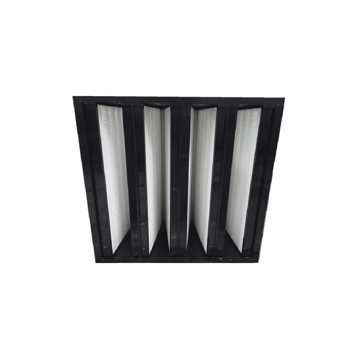 High-efficiency industrial air filter with black frame and white filtering media, designed for optimal air purification in commercial and industrial HVAC systems.