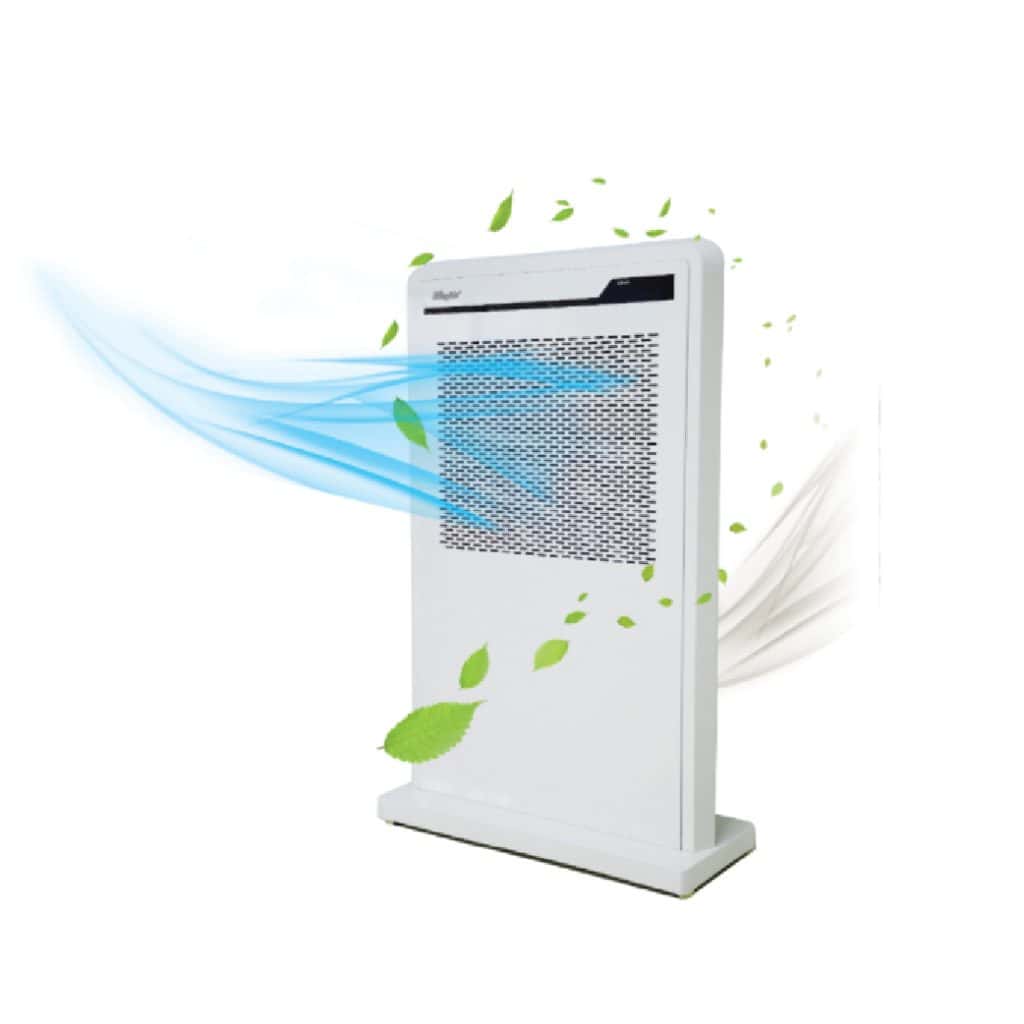 Clean air purifier with air flow and green leaves symbolizing fresh, healthy environment; ideal for indoor air quality improvement.