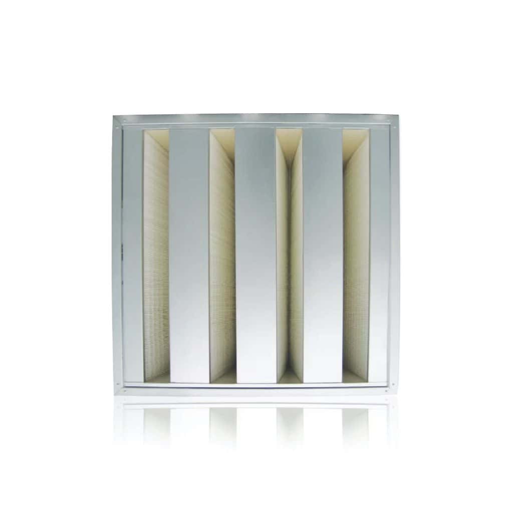 High-efficiency industrial HVAC air filter with metal frame and pleated filter media, designed for clean air filtration in commercial and industrial HVAC systems.