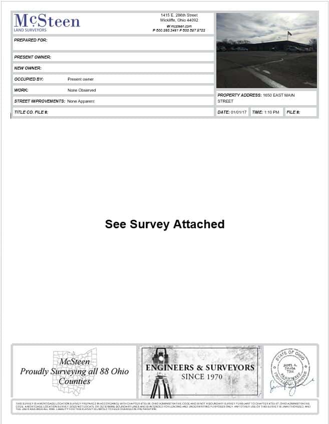 The first page of a sample commercial mortgage location survey.