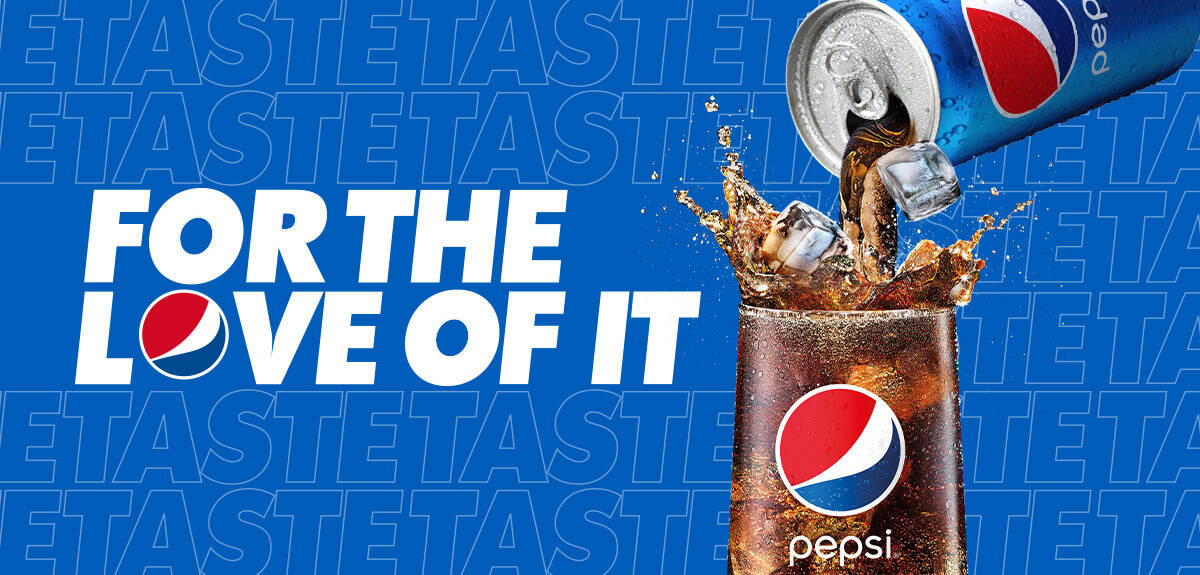 Pepsi soda pouring into glass with ice, vibrant blue background, "For the Love of It" slogan.