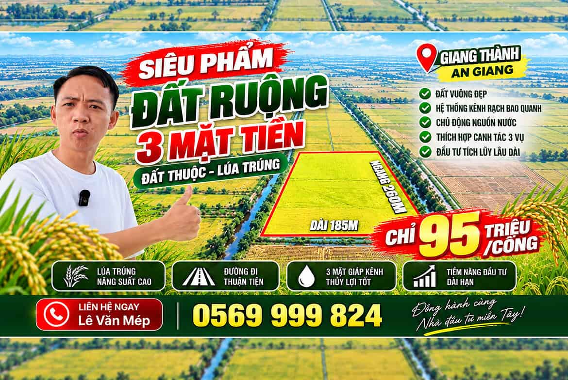 50 công đất ruộng Giang Thành An Giang ba mặt giáp kênh, giá 95 triệu một công