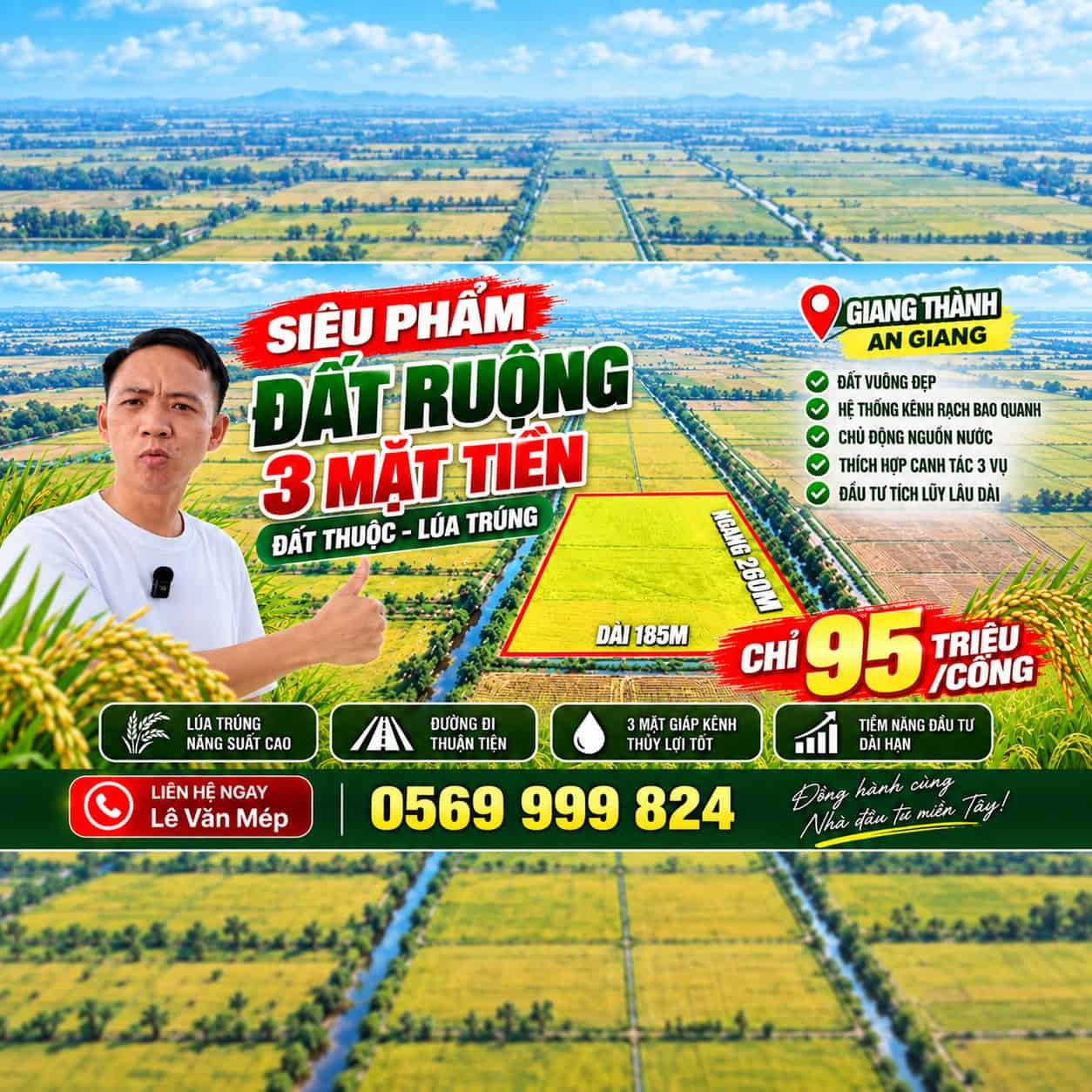 50 công đất ruộng Giang Thành An Giang ba mặt giáp kênh, giá 95 triệu một công