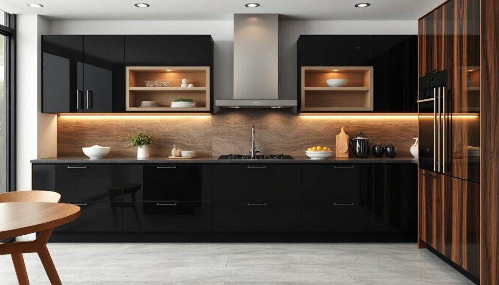 Black cabinets with wood elements Black cabinets with wood elements