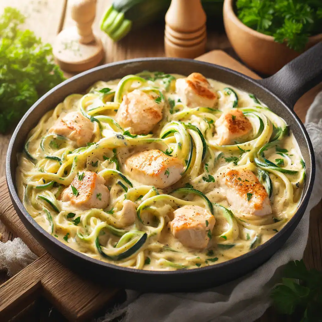 Creamy keto chicken Alfredo zoodles in a skillet