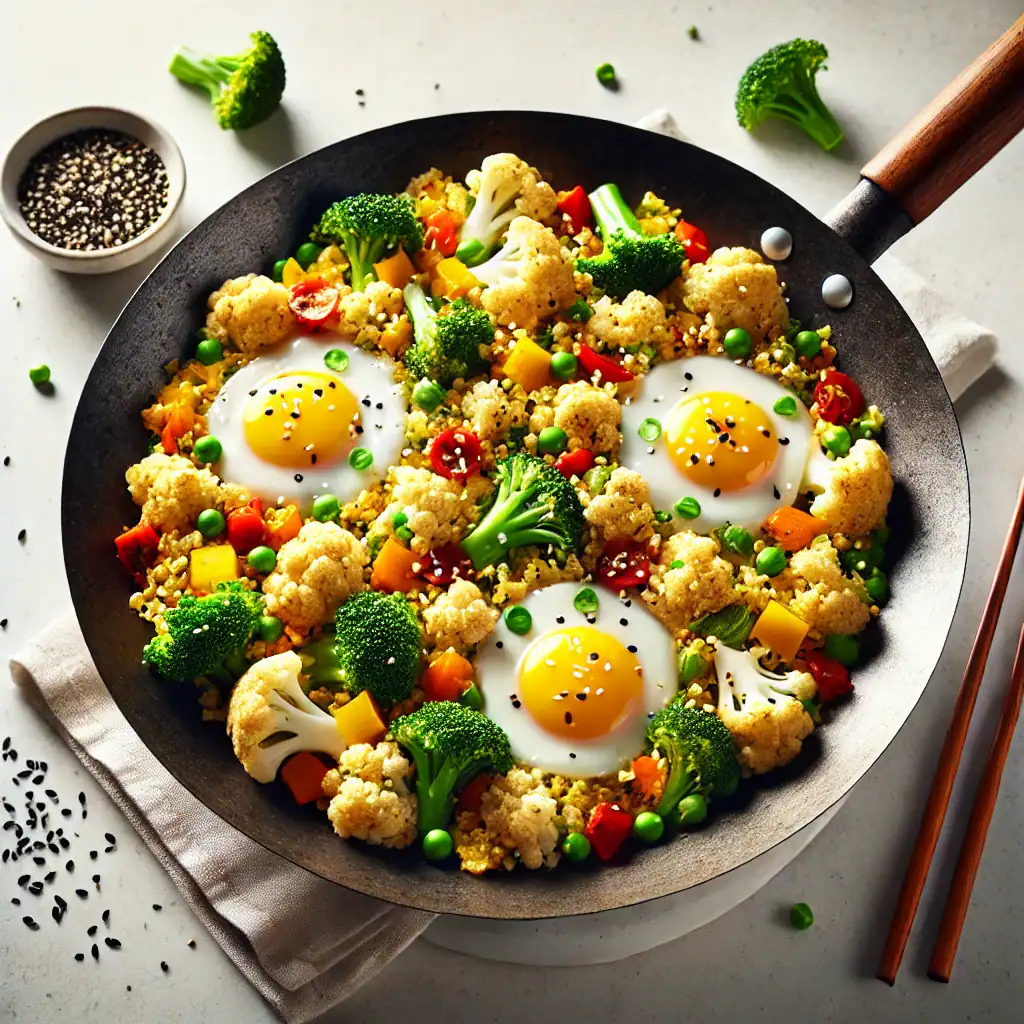 Keto cauliflower fried rice in a wok with vegetables and eggs