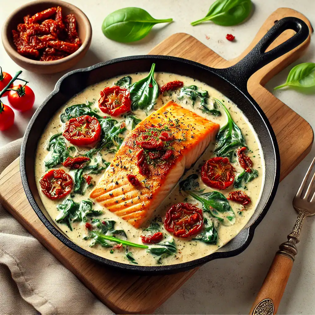 Creamy Tuscan keto salmon in a skillet with spinach and tomatoes