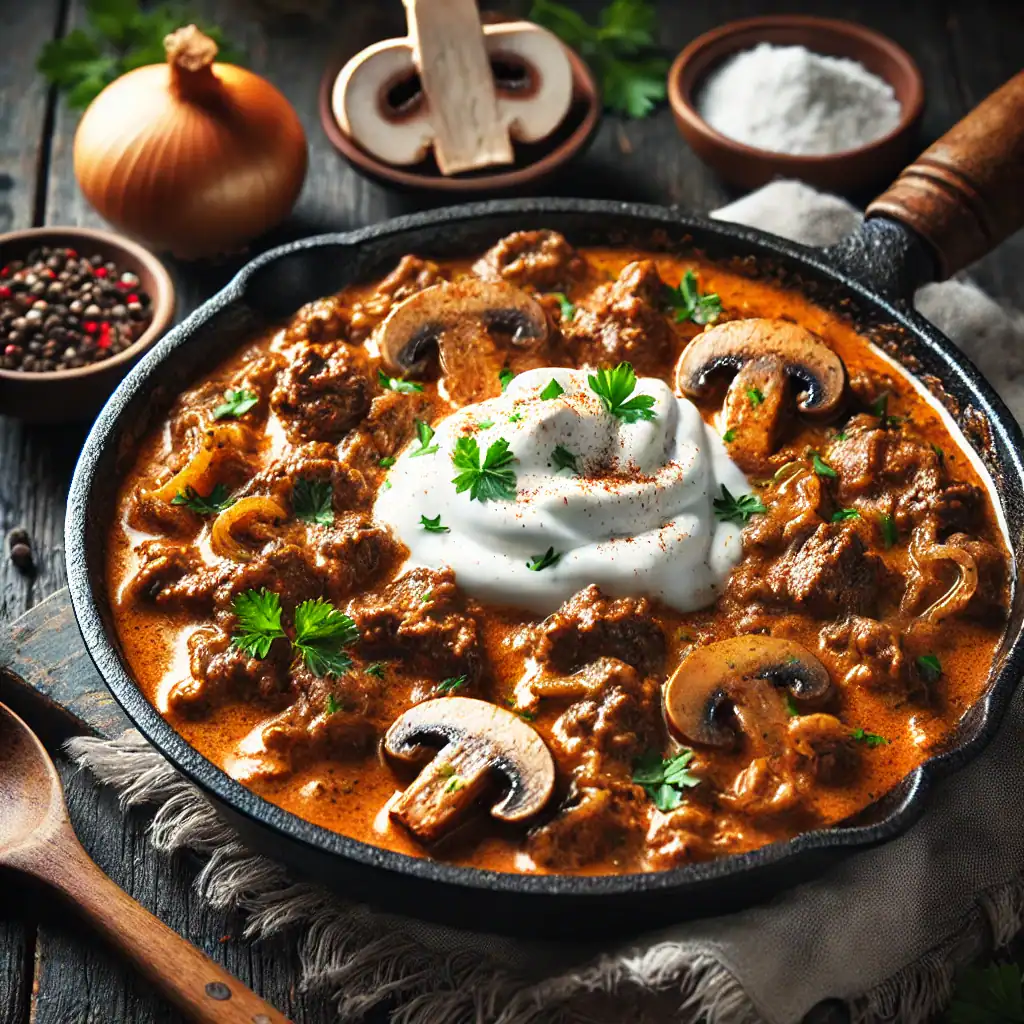 Keto beef stroganoff with mushrooms in a skillet
