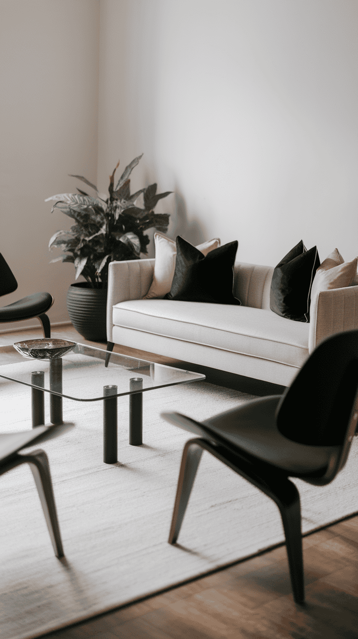 A chic grey sofa with black pillows in a modern living room setting.