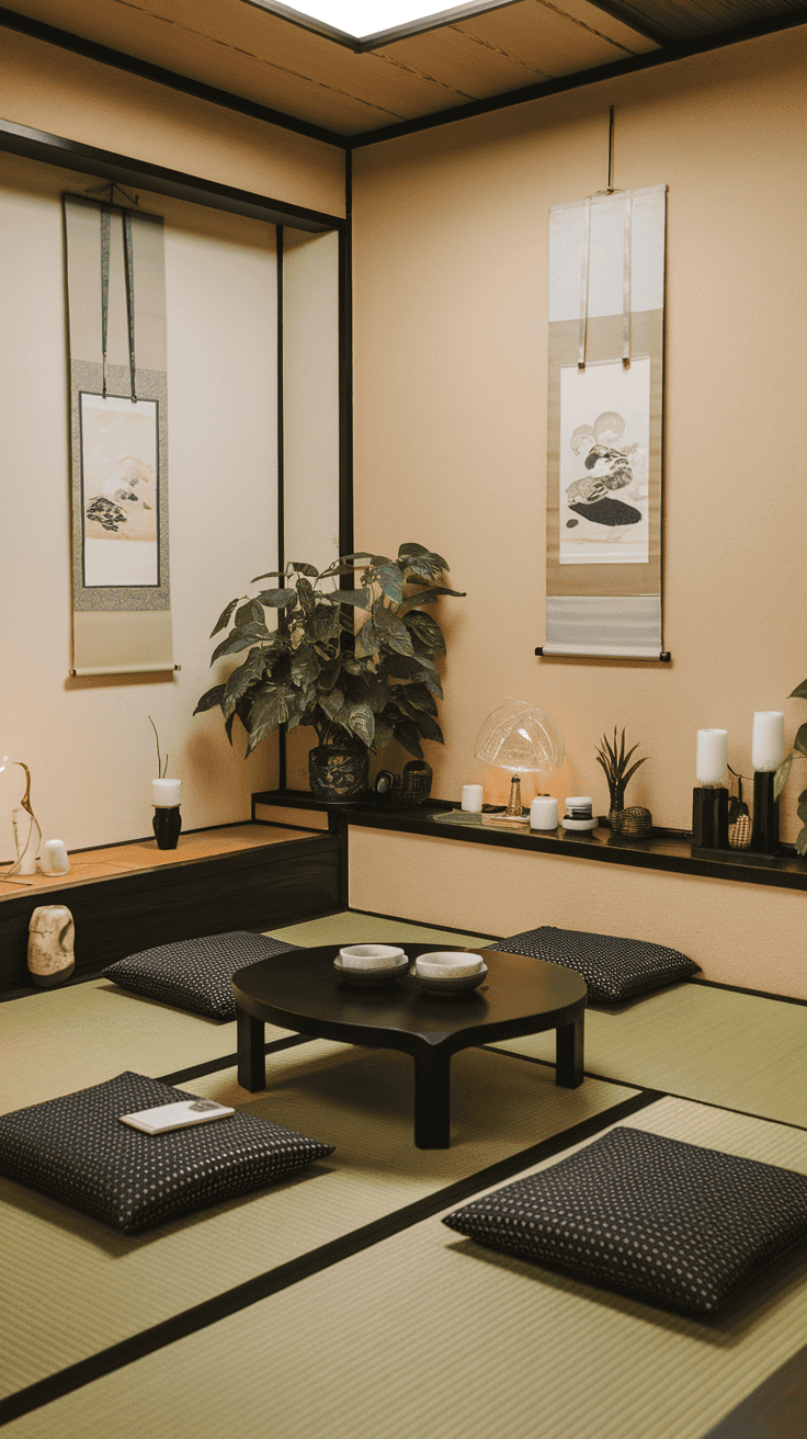 A cozy room with tatami mat flooring, featuring a low table and cushions.