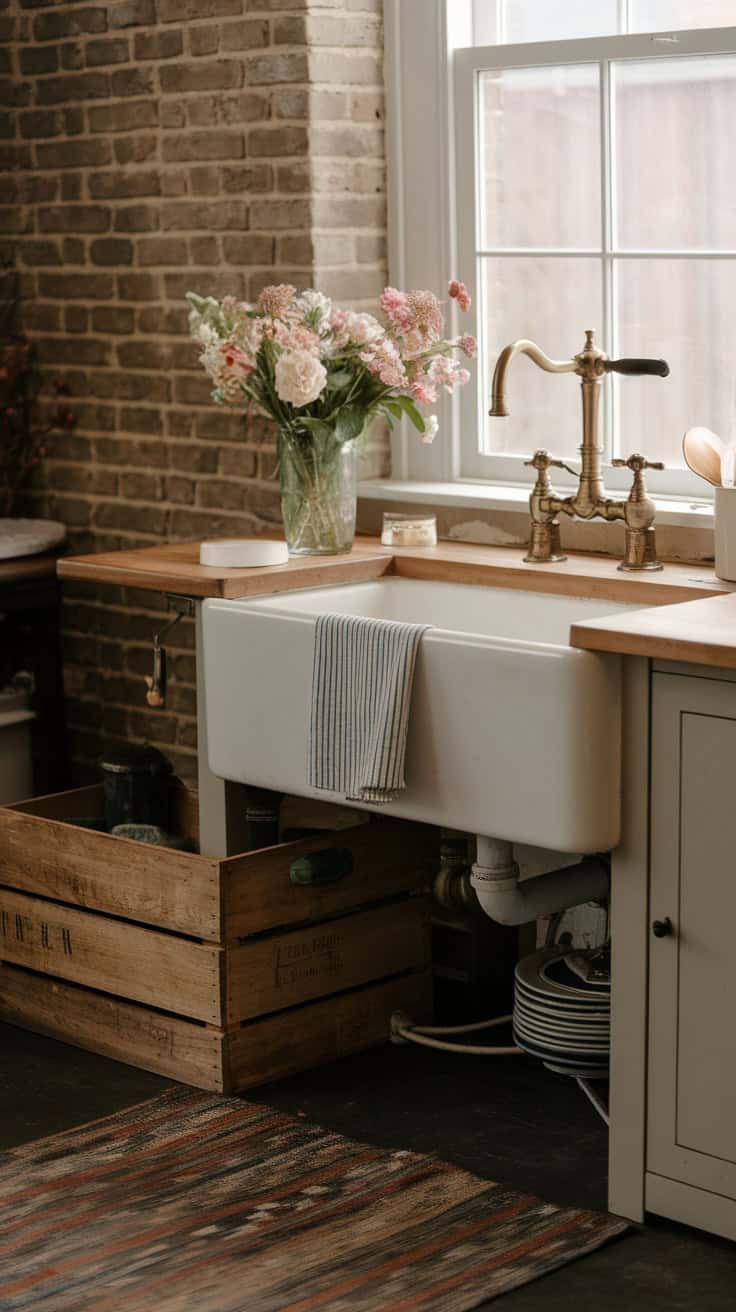 A cozy kitchen featuring a farmhouse sink with vintage fixtures, wooden countertops, and a vase of flowers.