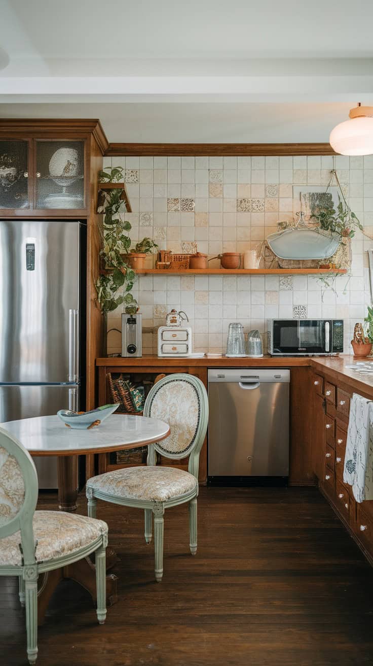 A cozy kitchen featuring a mix of modern and vintage appliances, showcasing a stainless steel refrigerator and retro decor.