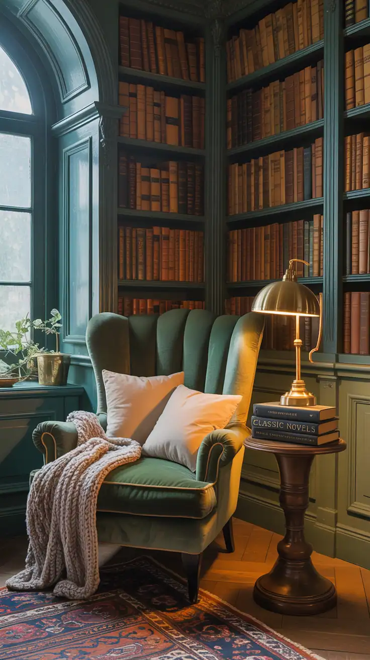 A cozy reading nook with a comfortable chair, bookshelves filled with books, and a warm lamp.