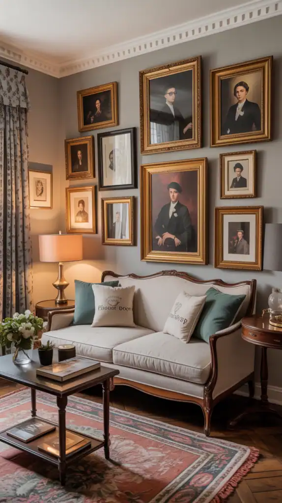 A Victorian living room featuring a gallery wall of framed portraits and art.