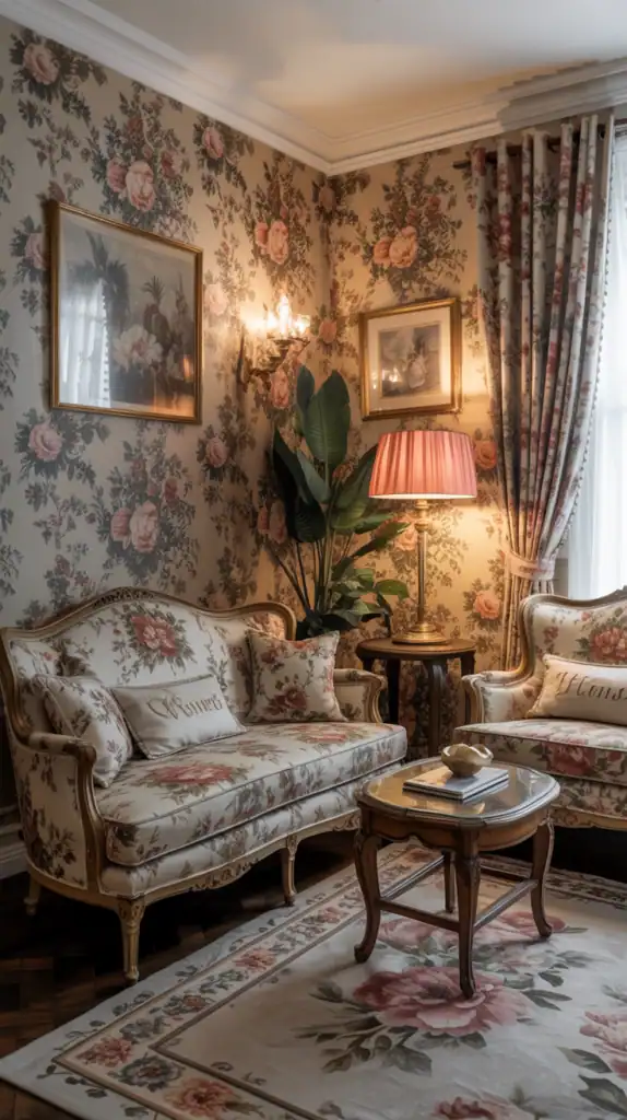 A beautifully decorated Victorian living room featuring floral patterns on furniture and walls.